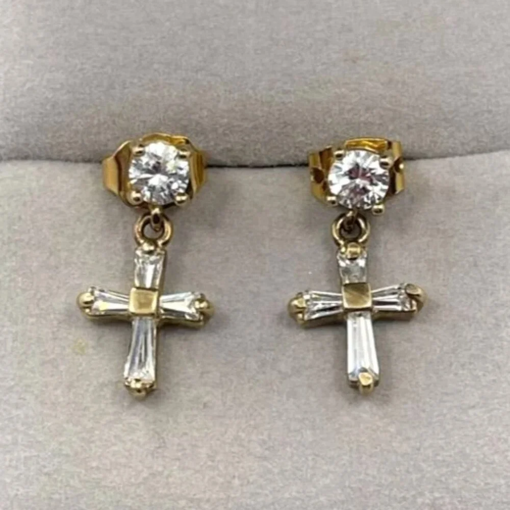 Gold Plated 925 Sterling Silver Cubic Zirconia Cross Drop Earrings - Picture 1 of 3